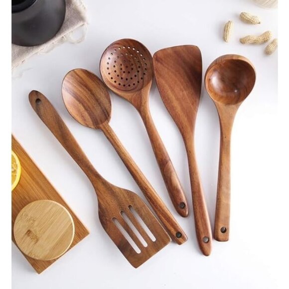Natural Teak Wood 6Pcs Utensils Set Holder Non-stick wooden utensils durable - Picture 8 of 10
